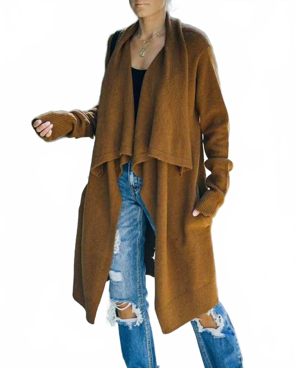 NEW LILY CLOTHING the laid bare – open front knit coat in caramel